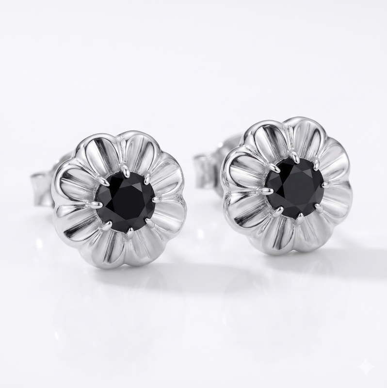 Black Diamond Round Floral Earrings / PK-30E/MHR
